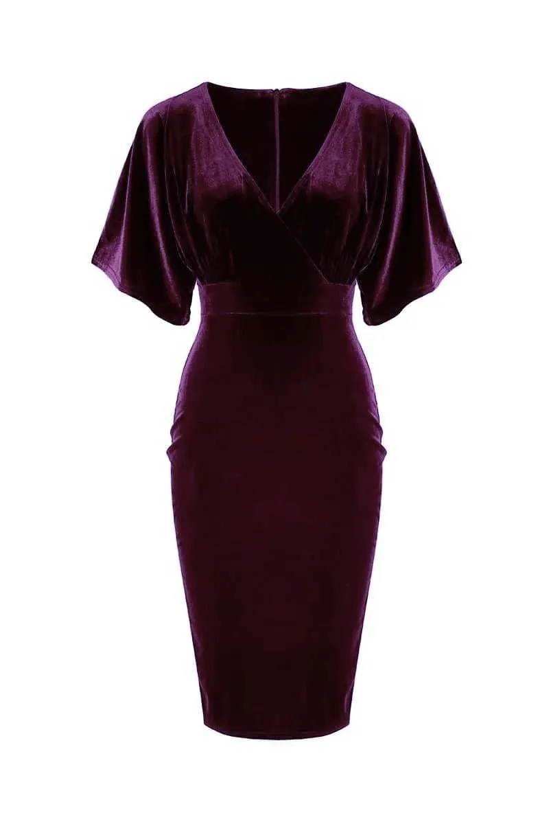 Purple Velour Half Batwing Sleeve Crossover Top Wiggle Dress