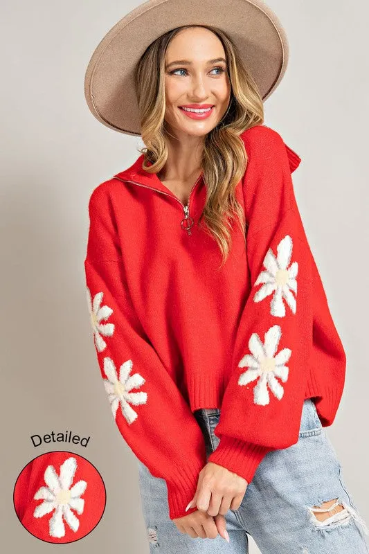 Red Quarter Zip Flower Detail Sweater