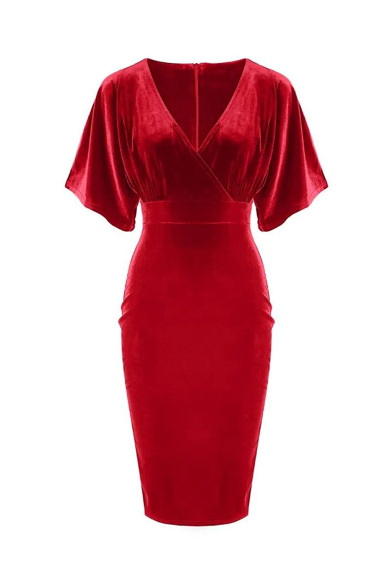 Red Velour Half Batwing Sleeve Crossover Top Wiggle Dress