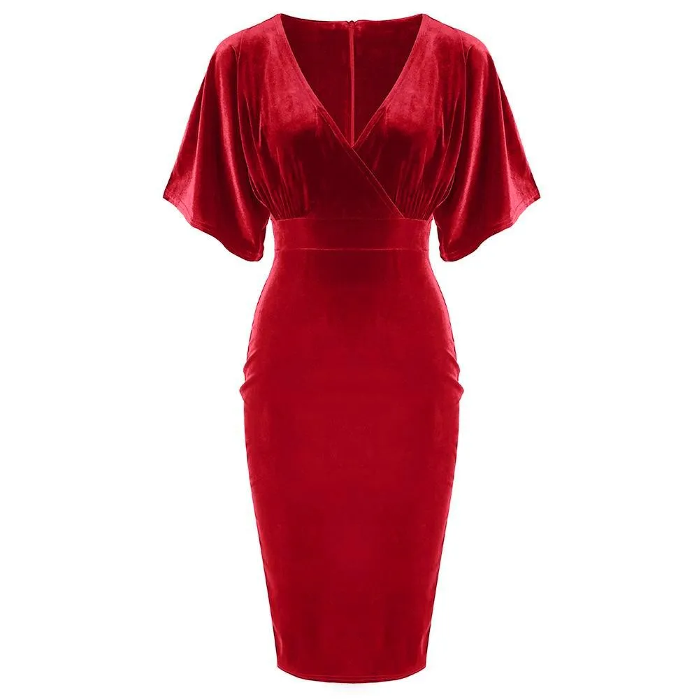 Red Velour Half Batwing Sleeve Crossover Top Wiggle Dress