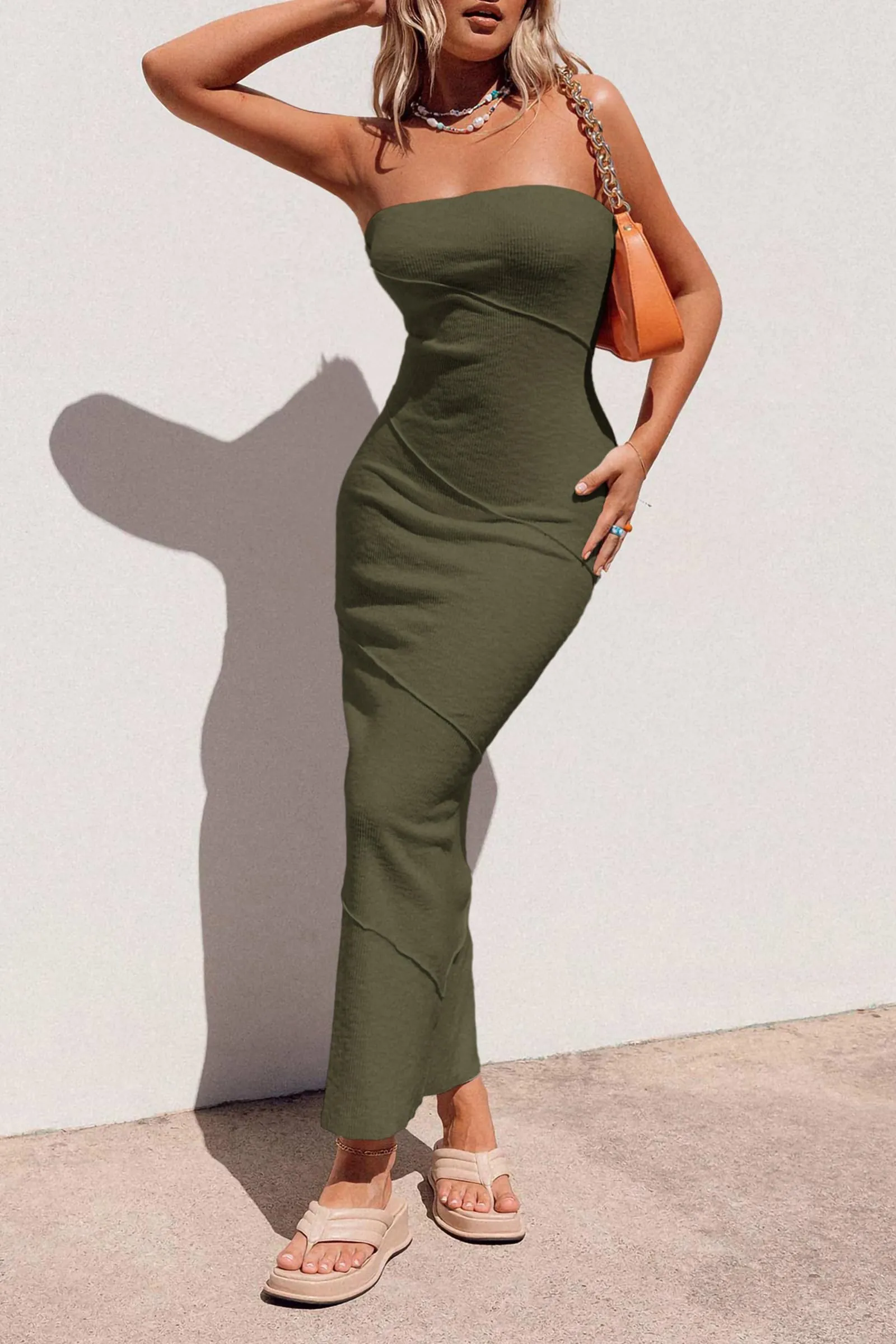 Ribbed Maxi Bodycon Summer Strapless Tube Y2K Party Club Long Dress