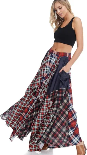 Romantic Boho Blue & Red Plaid Asymmetrical Tov The Damsel`s Maxi Skirt