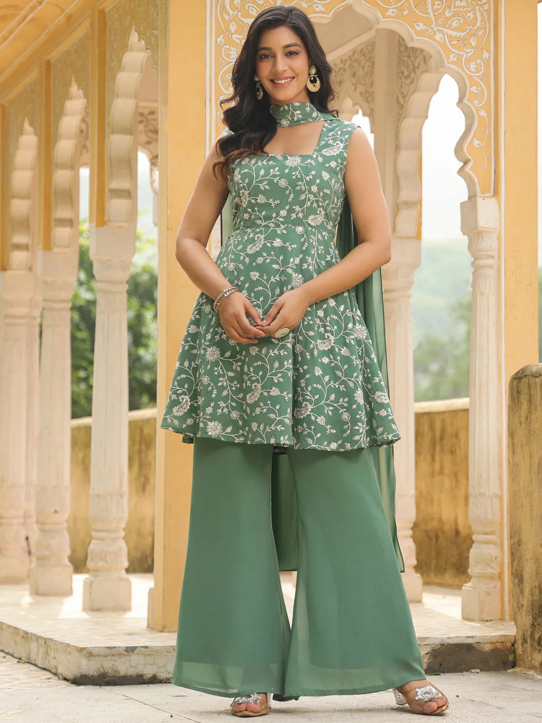 Sage Green Georgette Embroidered A-Line Kurta Set