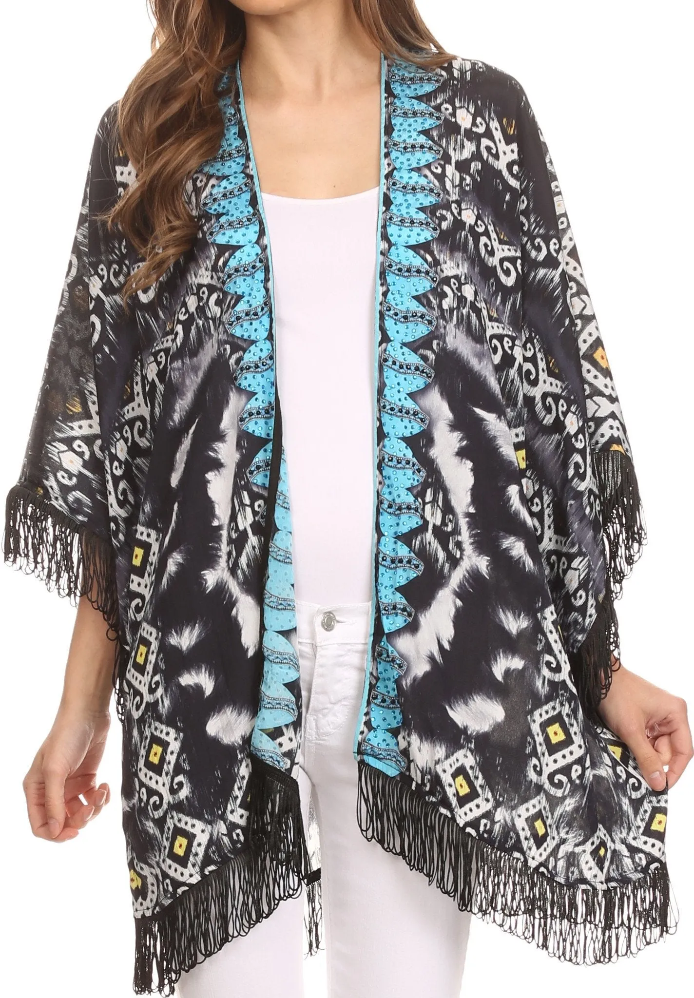 Sakkas Holiday Tribal Sheer Kimono Top Cardigan With Fringe And Open Front