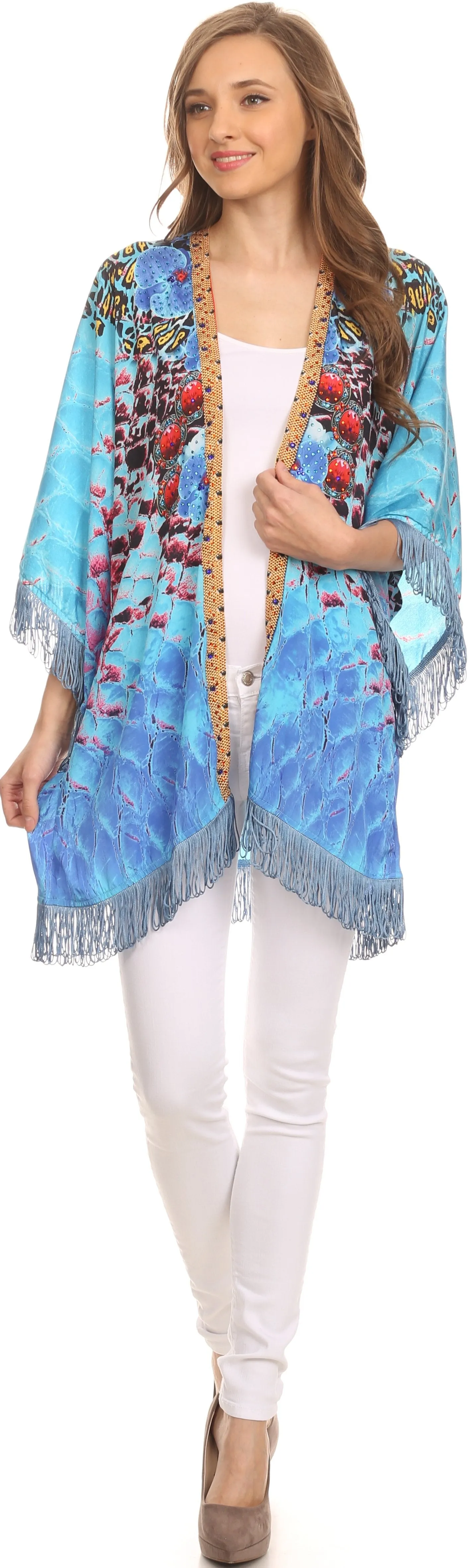 Sakkas Holiday Tribal Sheer Kimono Top Cardigan With Fringe And Open Front