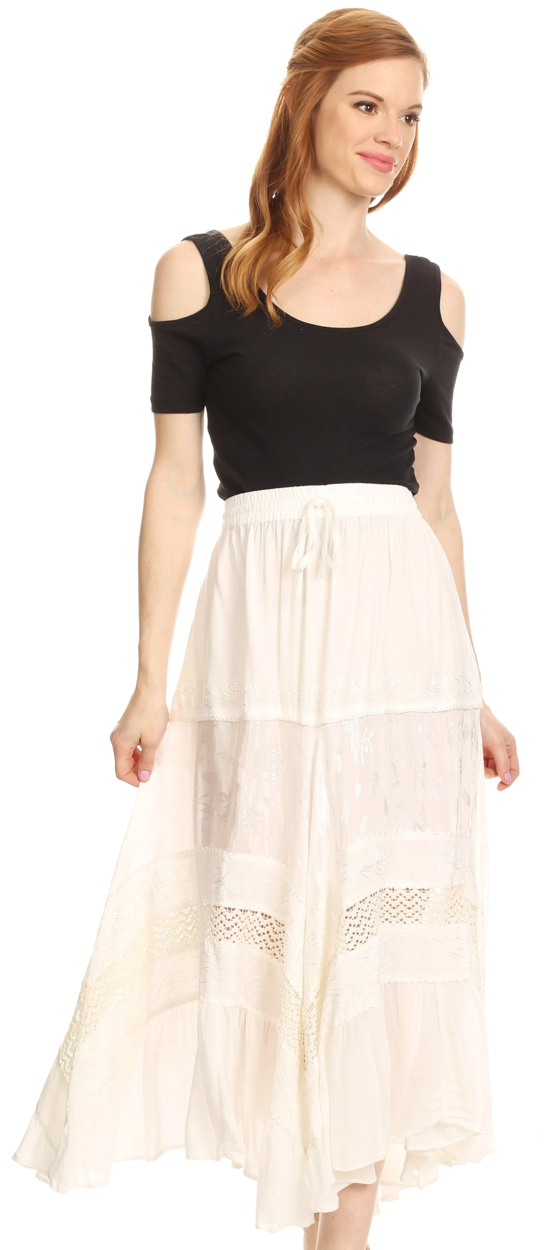 Sakkas Sally Bohemian Casual Mid Length Skirt with Crochet Lace Full Circle