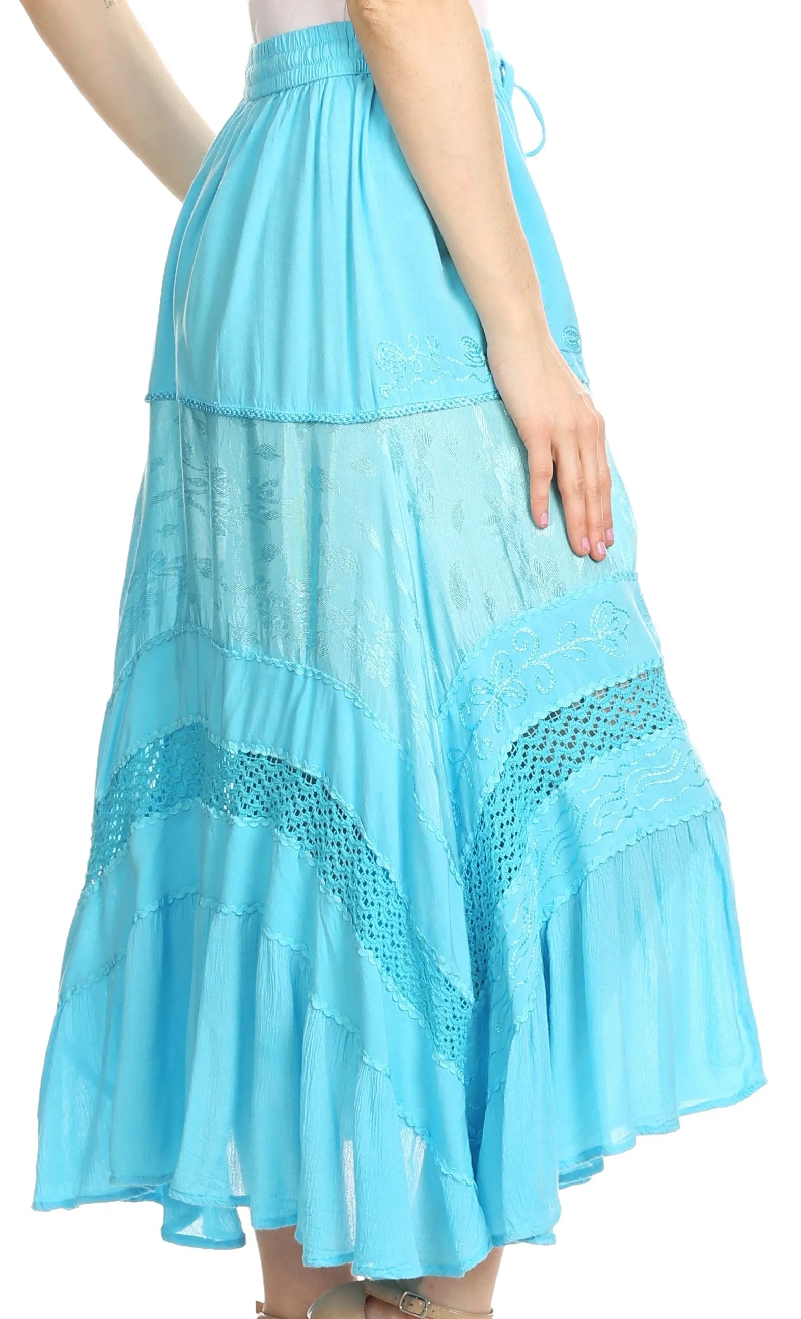 Sakkas Sally Bohemian Casual Mid Length Skirt with Crochet Lace Full Circle