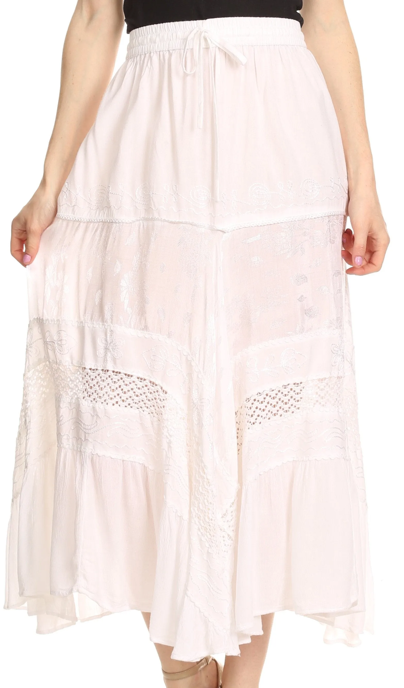 Sakkas Sally Bohemian Casual Mid Length Skirt with Crochet Lace Full Circle