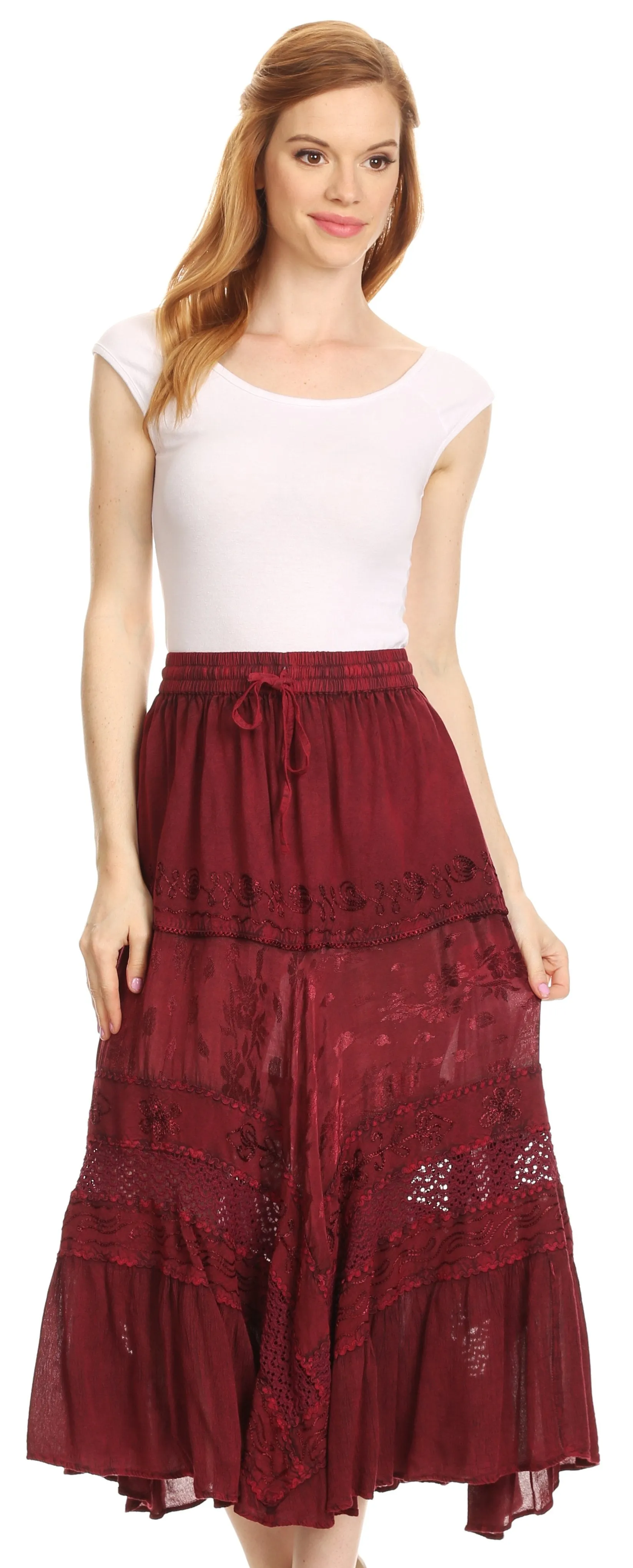 Sakkas Sally Bohemian Casual Mid Length Skirt with Crochet Lace Full Circle