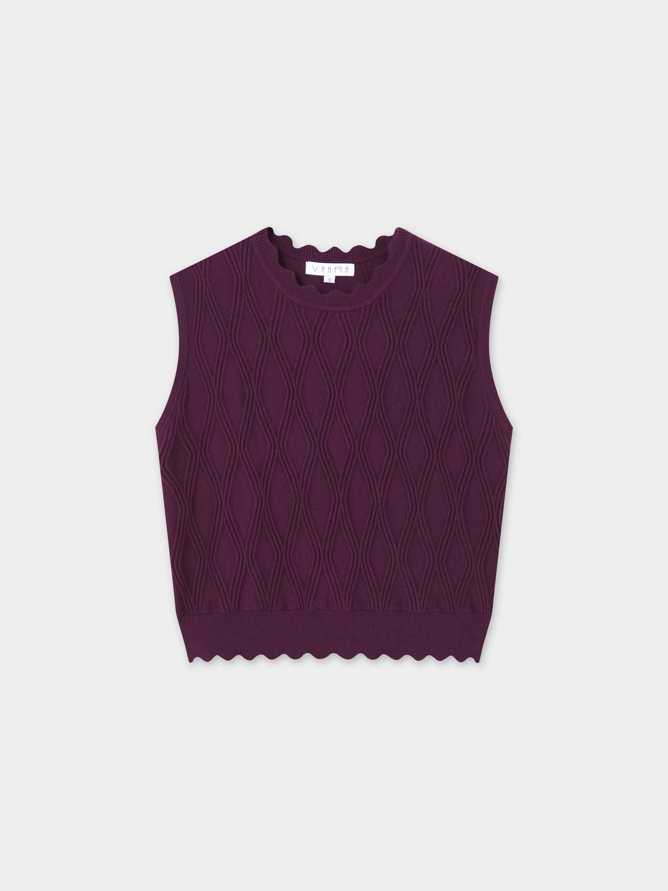 Scalloped Sleeveless Crew Neck Sweater-Wine