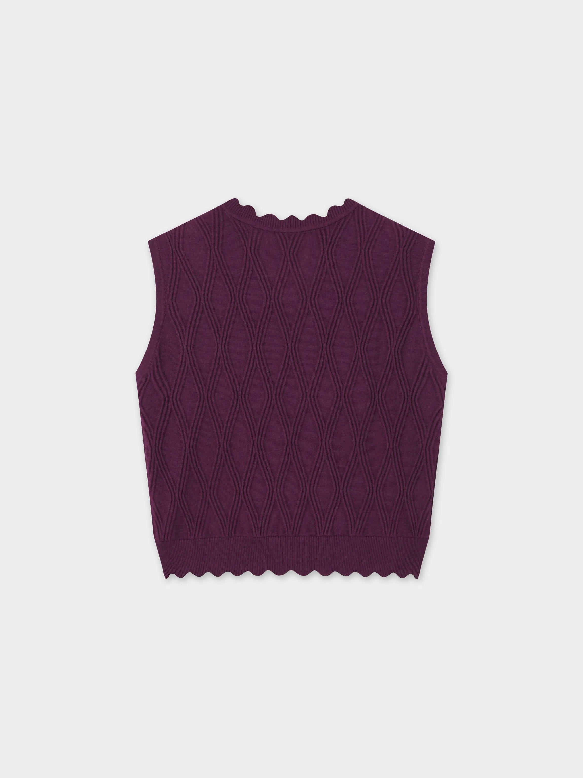 Scalloped Sleeveless Crew Neck Sweater-Wine