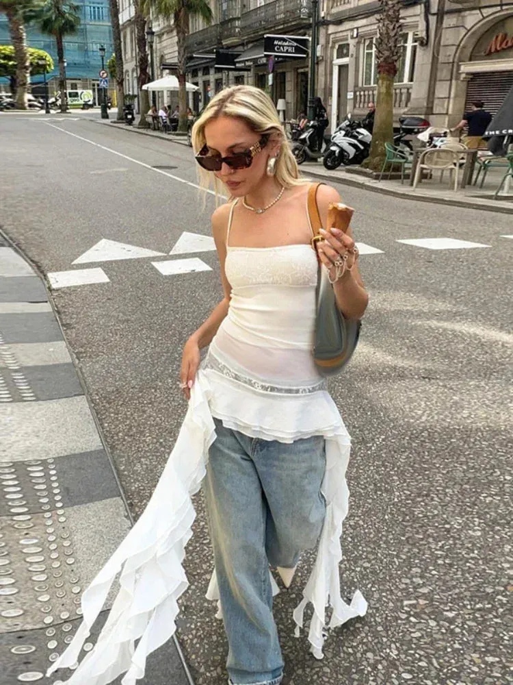 See Through Lace Mesh Ruffle Tank Tops Y2k Fairy Summer Clothes for Women Cute Sexy White Irregular Camisole C83-DZ31