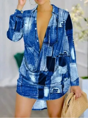 Sexy Blue Patchwork Denim Look Bodycon Mini Dress