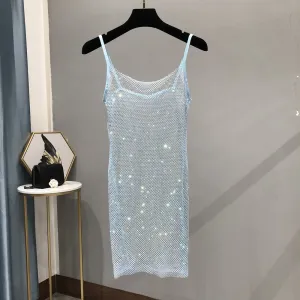 Sexy Light Blue Diamante Crystal fishnet Slipdress