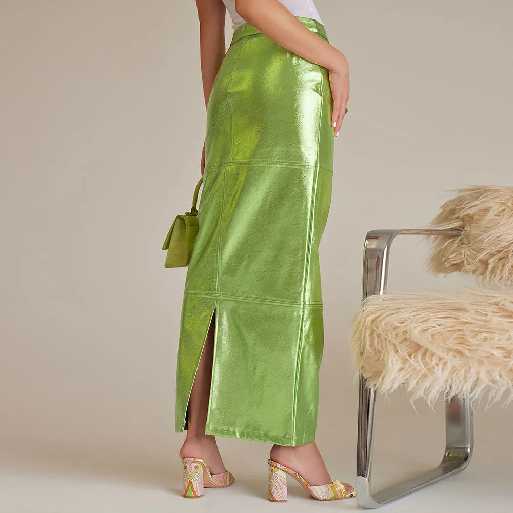 Sexy Metallic Green Bodycon Midi Skirt