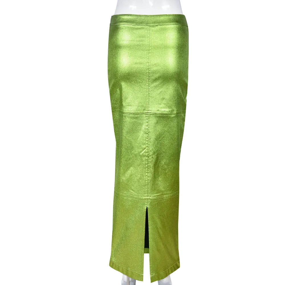 Sexy Metallic Green Bodycon Midi Skirt