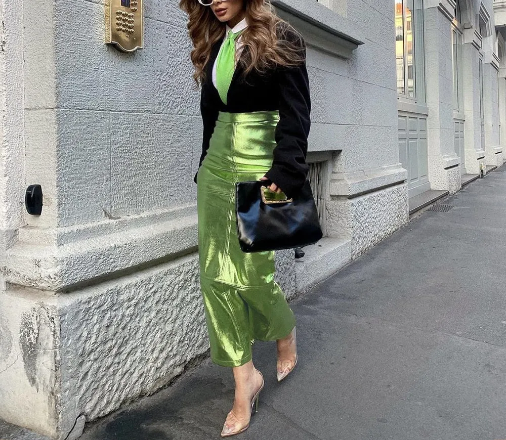 Sexy Metallic Green Bodycon Midi Skirt