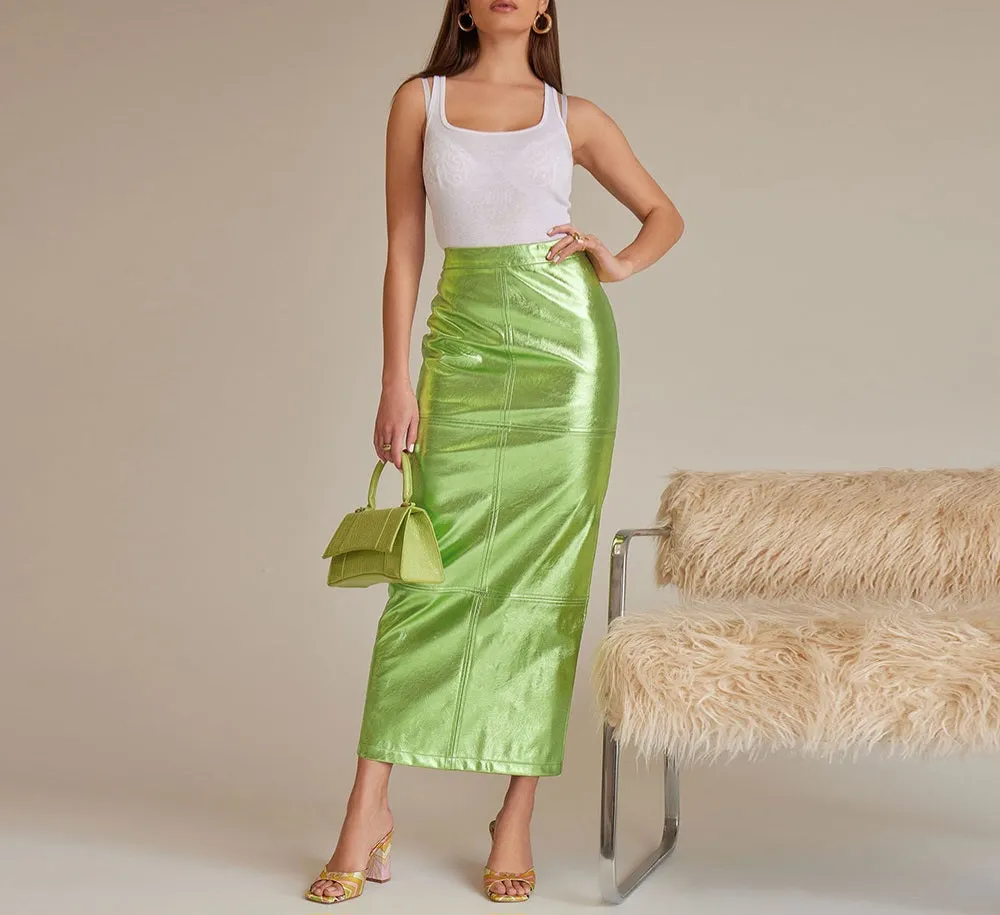 Sexy Metallic Green Bodycon Midi Skirt