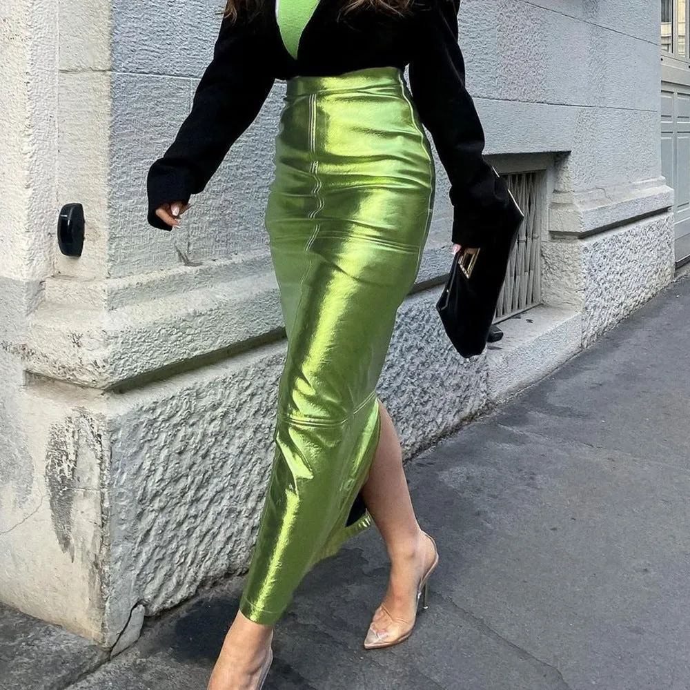 Sexy Metallic Green Bodycon Midi Skirt