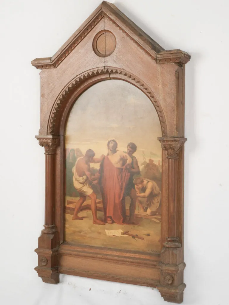 Signed C. Palmaz – Religious Oil Painting on Tole with Elaborate Carved Oak Frame 47¼" x 28¼"