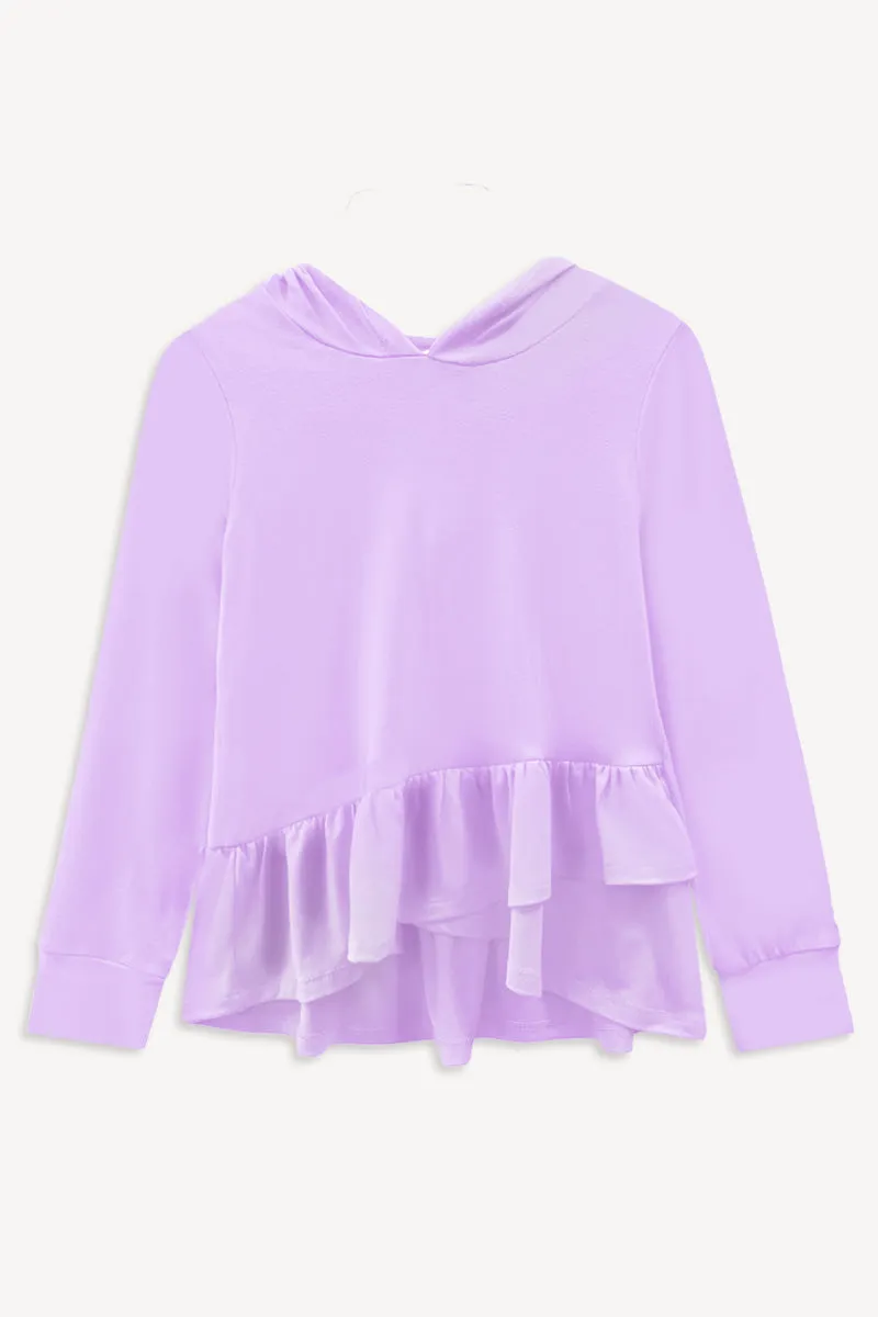 Simply Soft Knit Hoodie Pullover Ruffle Top – Lavender