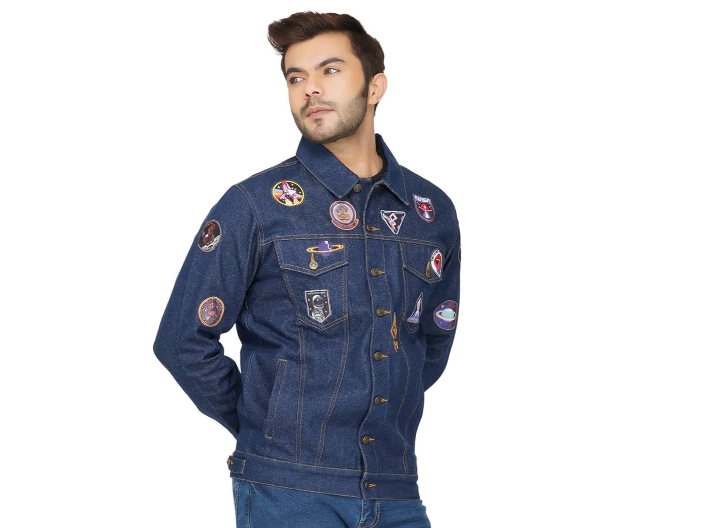 SLAY. Men's Patchwork Embroidered Navy Blue Vintage Button-Down Denim Biker Jacket