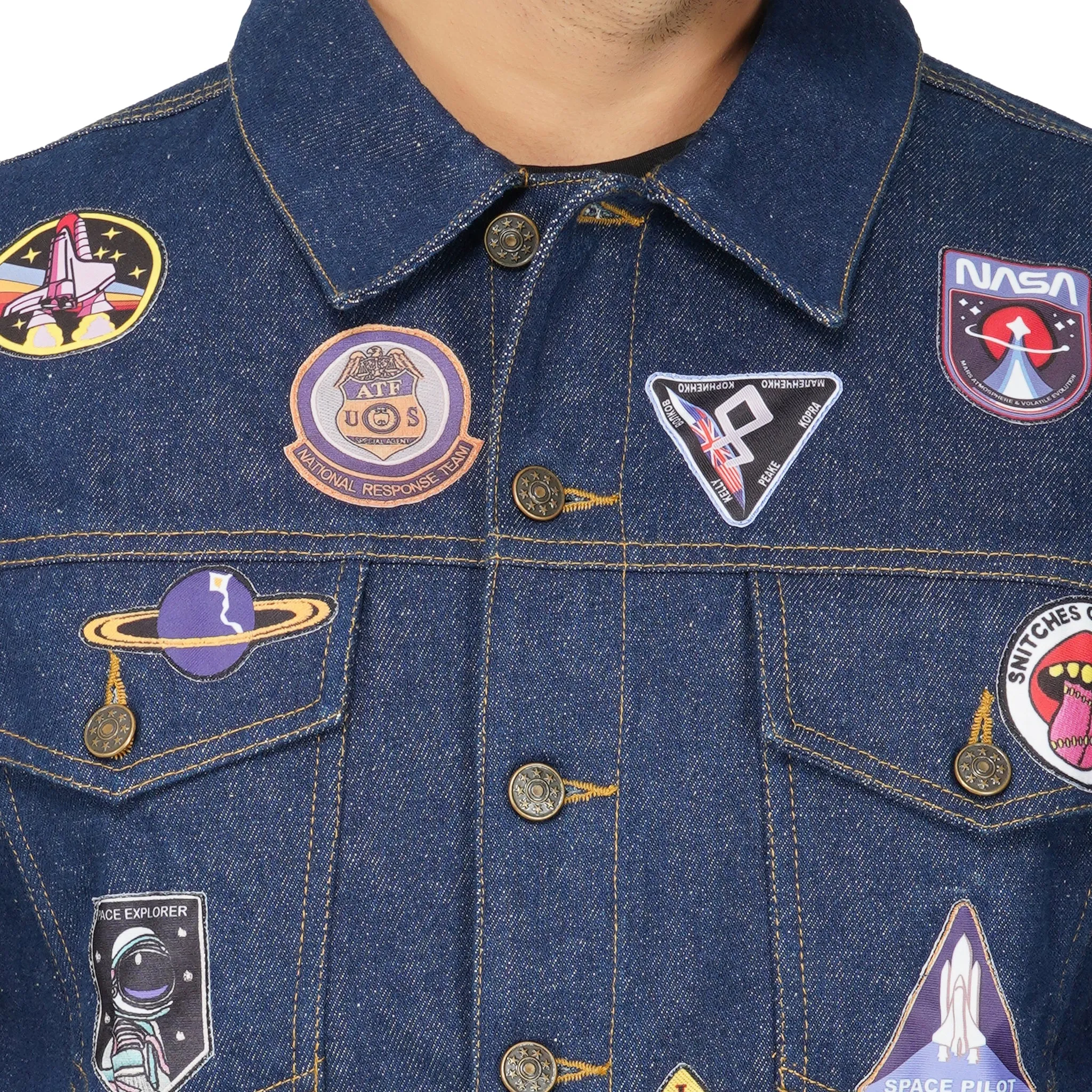 SLAY. Men's Patchwork Embroidered Navy Blue Vintage Button-Down Denim Biker Jacket