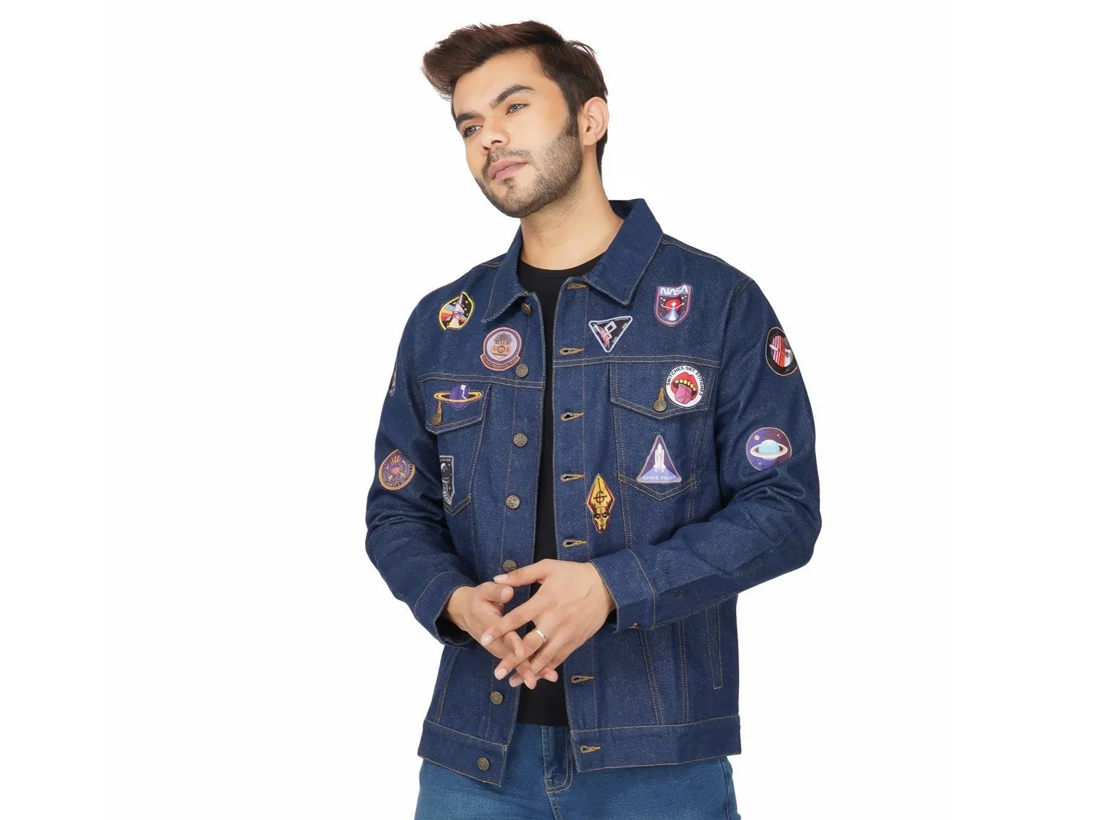 SLAY. Men's Patchwork Embroidered Navy Blue Vintage Button-Down Denim Biker Jacket