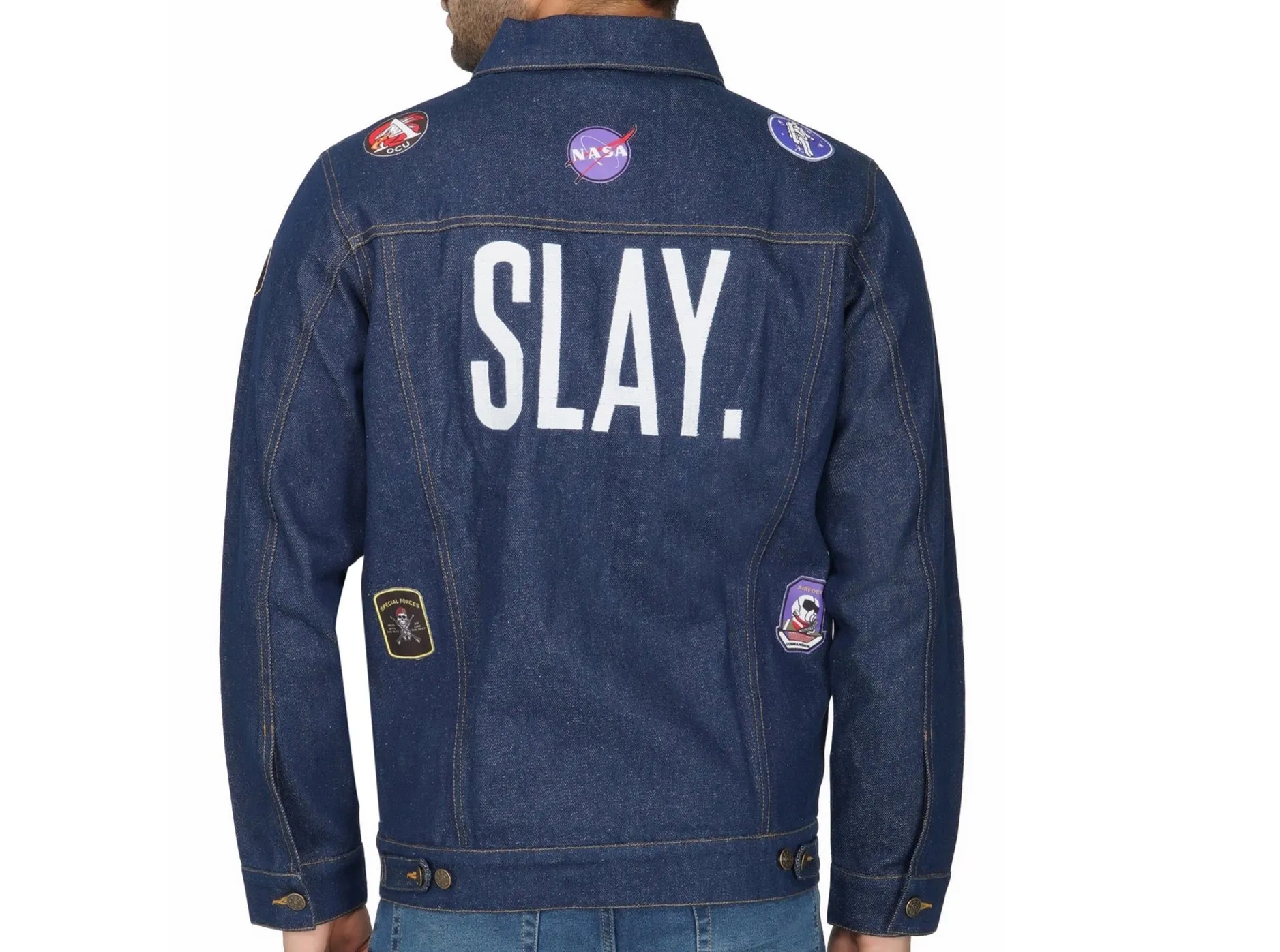 SLAY. Men's Patchwork Embroidered Navy Blue Vintage Button-Down Denim Biker Jacket