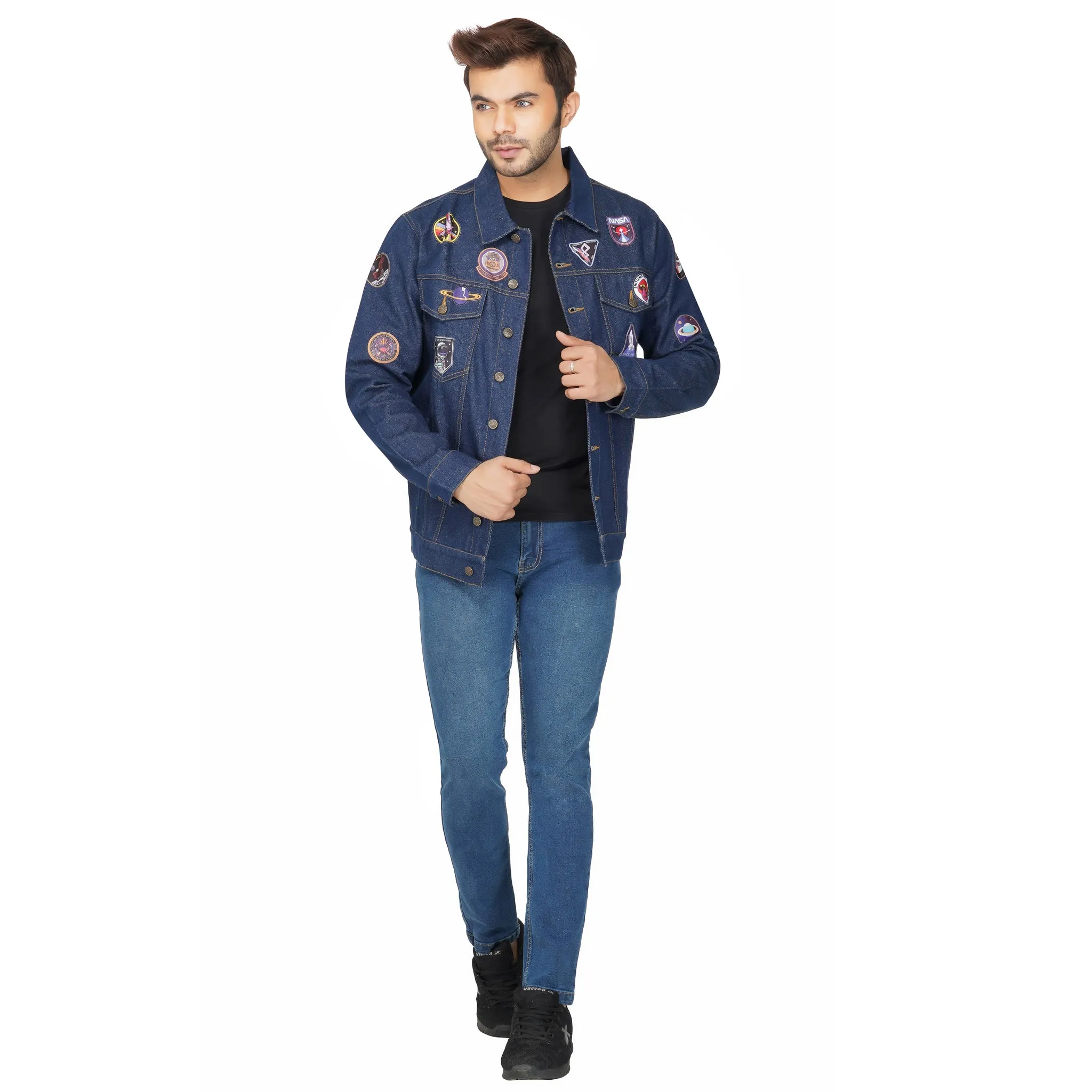 SLAY. Men's Patchwork Embroidered Navy Blue Vintage Button-Down Denim Biker Jacket