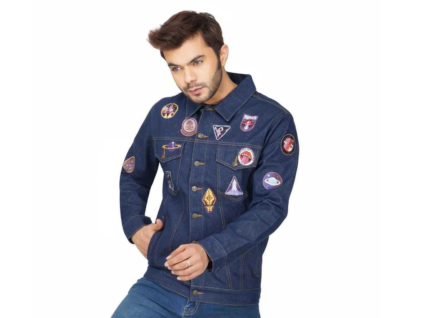 SLAY. Men's Patchwork Embroidered Navy Blue Vintage Button-Down Denim Biker Jacket