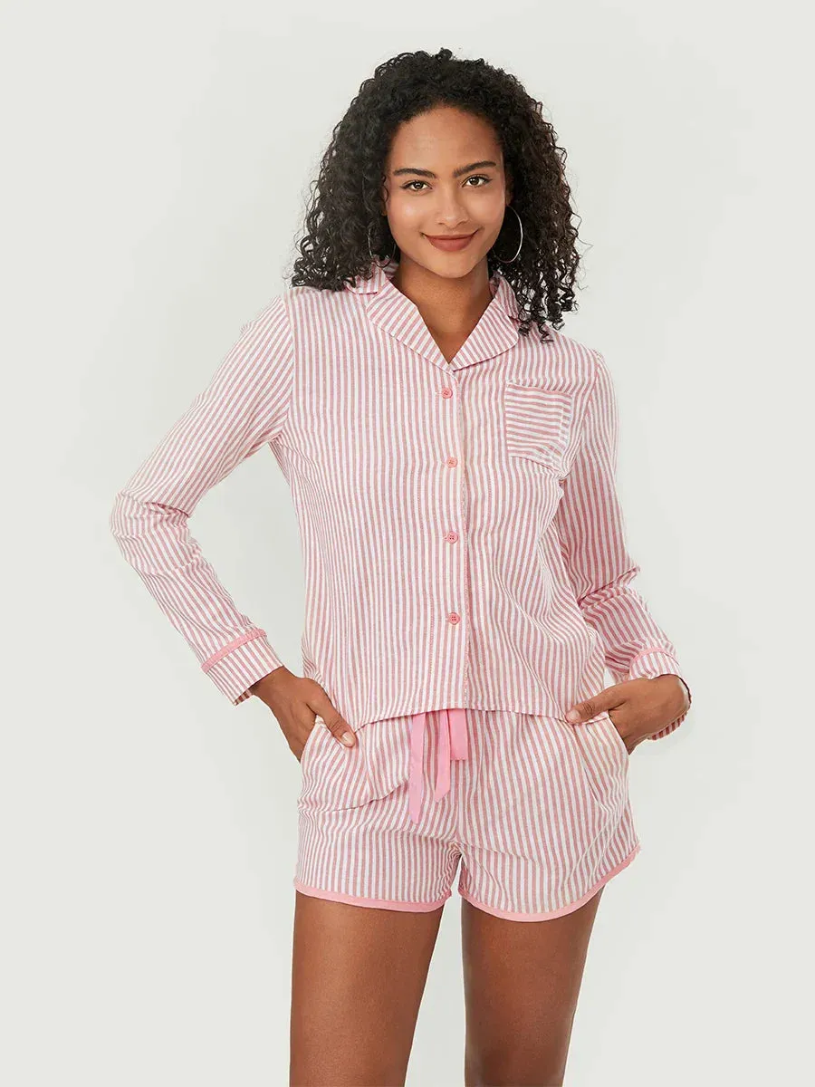 Sleeve Button Down Striped Tops Drawstring Shorts Sleepwear Long Pajamas