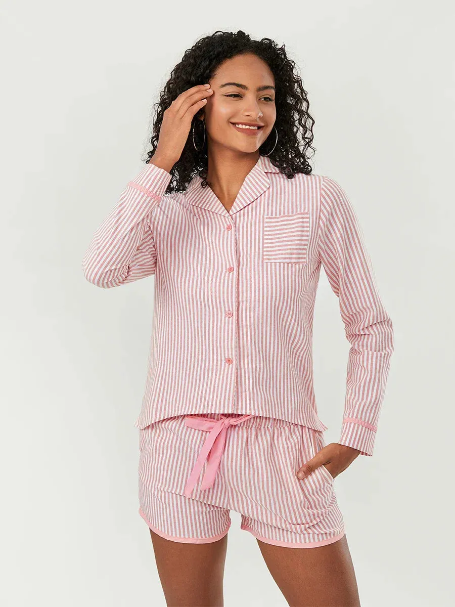 Sleeve Button Down Striped Tops Drawstring Shorts Sleepwear Long Pajamas