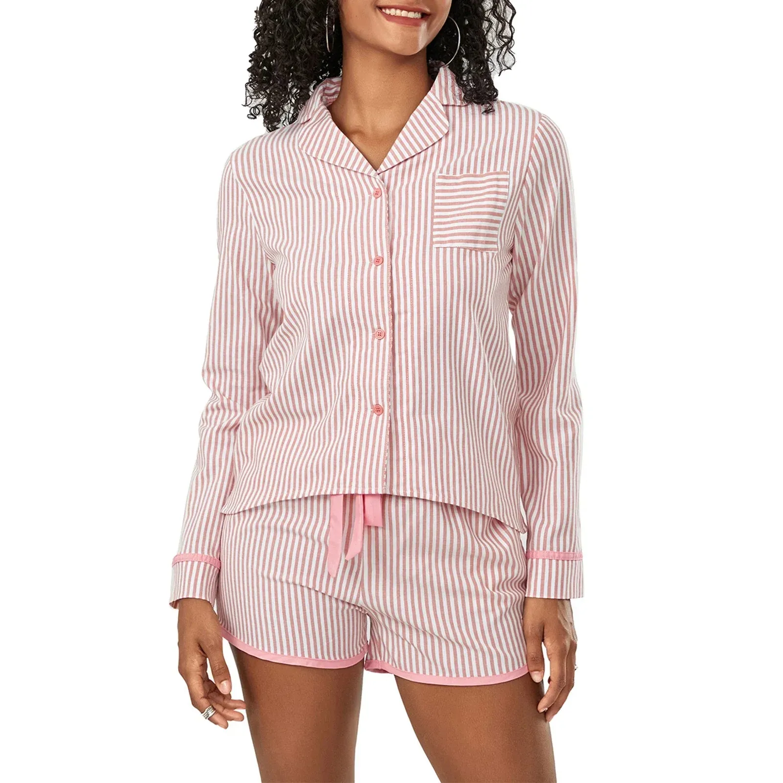 Sleeve Button Down Striped Tops Drawstring Shorts Sleepwear Long Pajamas