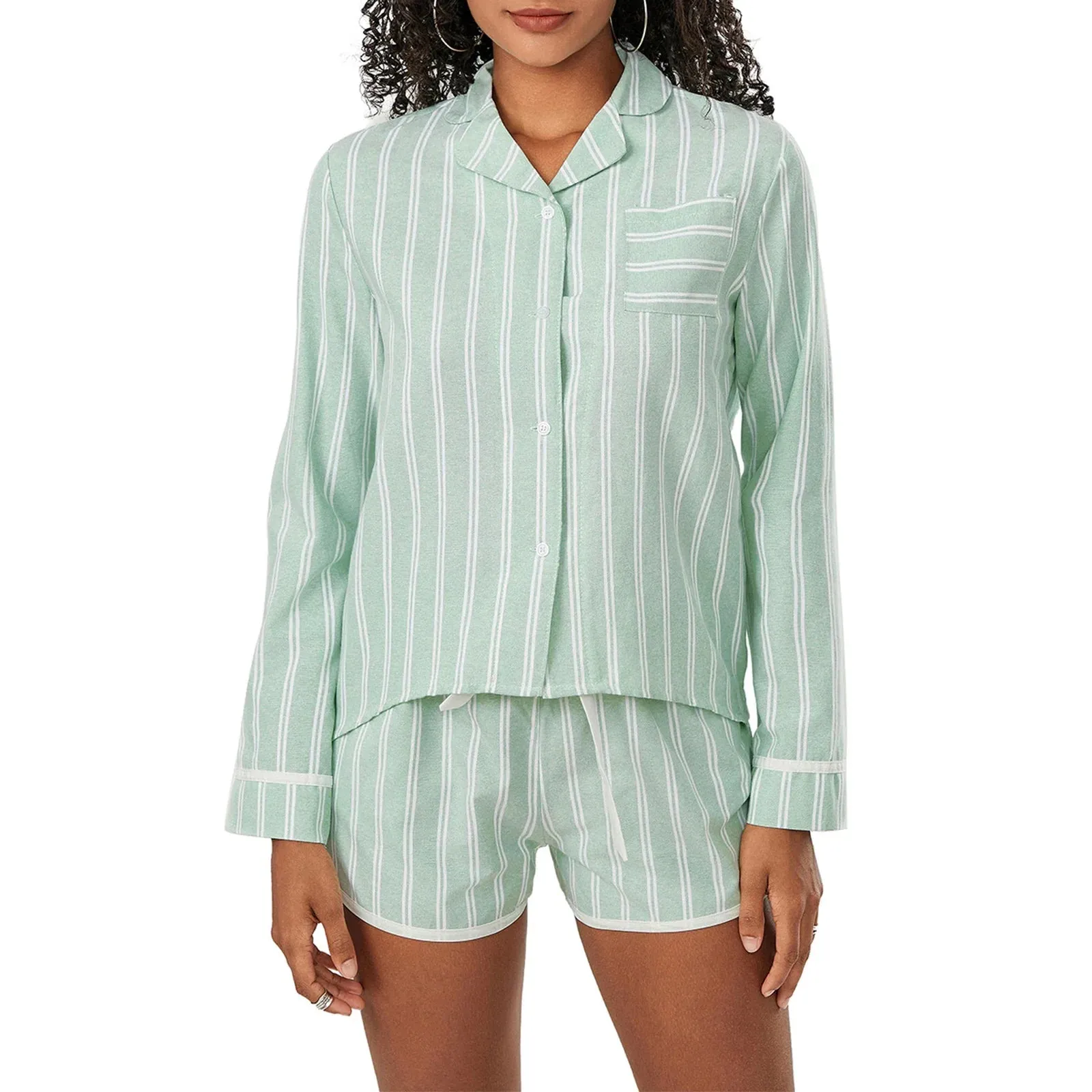 Sleeve Button Down Striped Tops Drawstring Shorts Sleepwear Long Pajamas