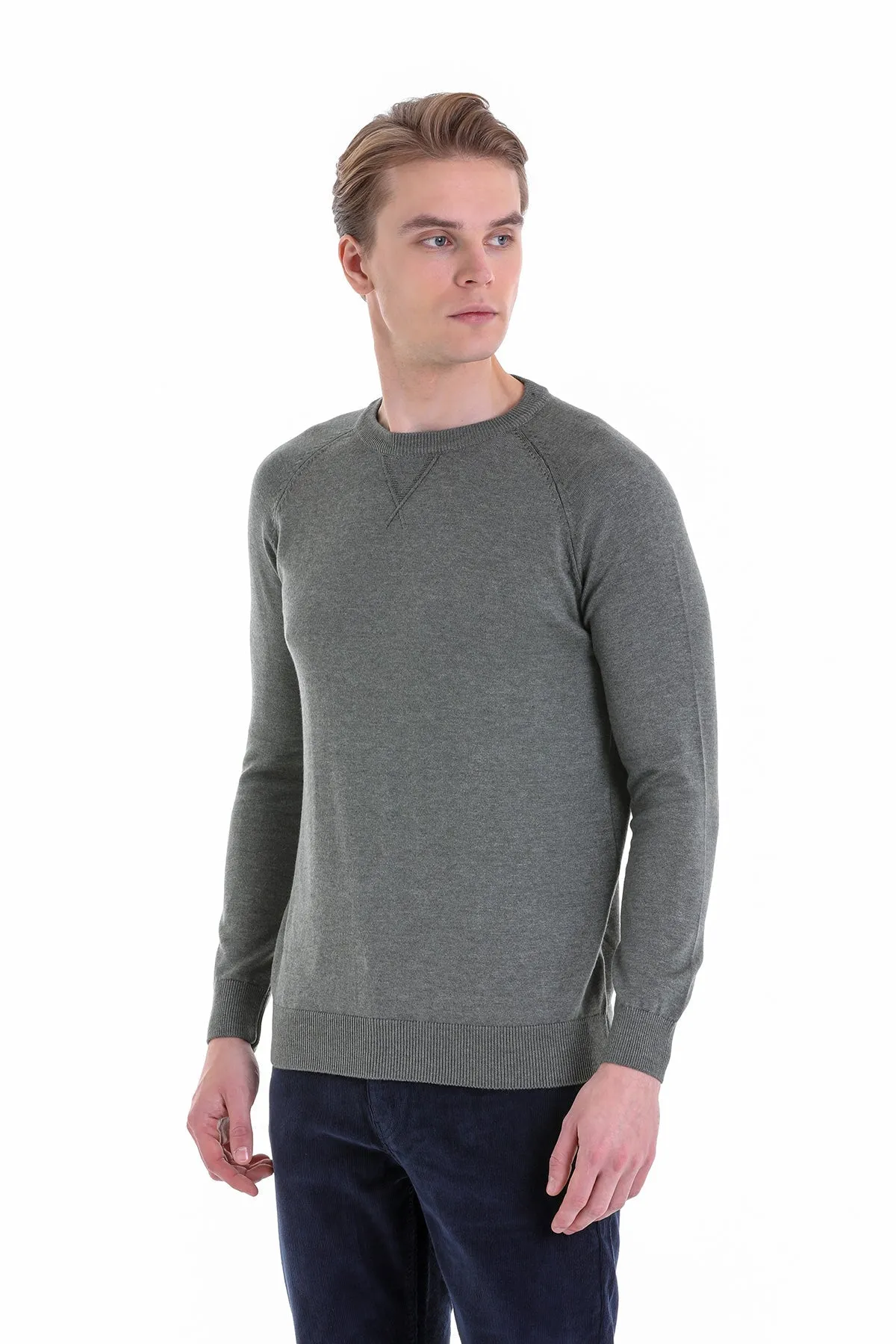 Slim Fit Light Khaki Cotton Blend Crewneck Sweater