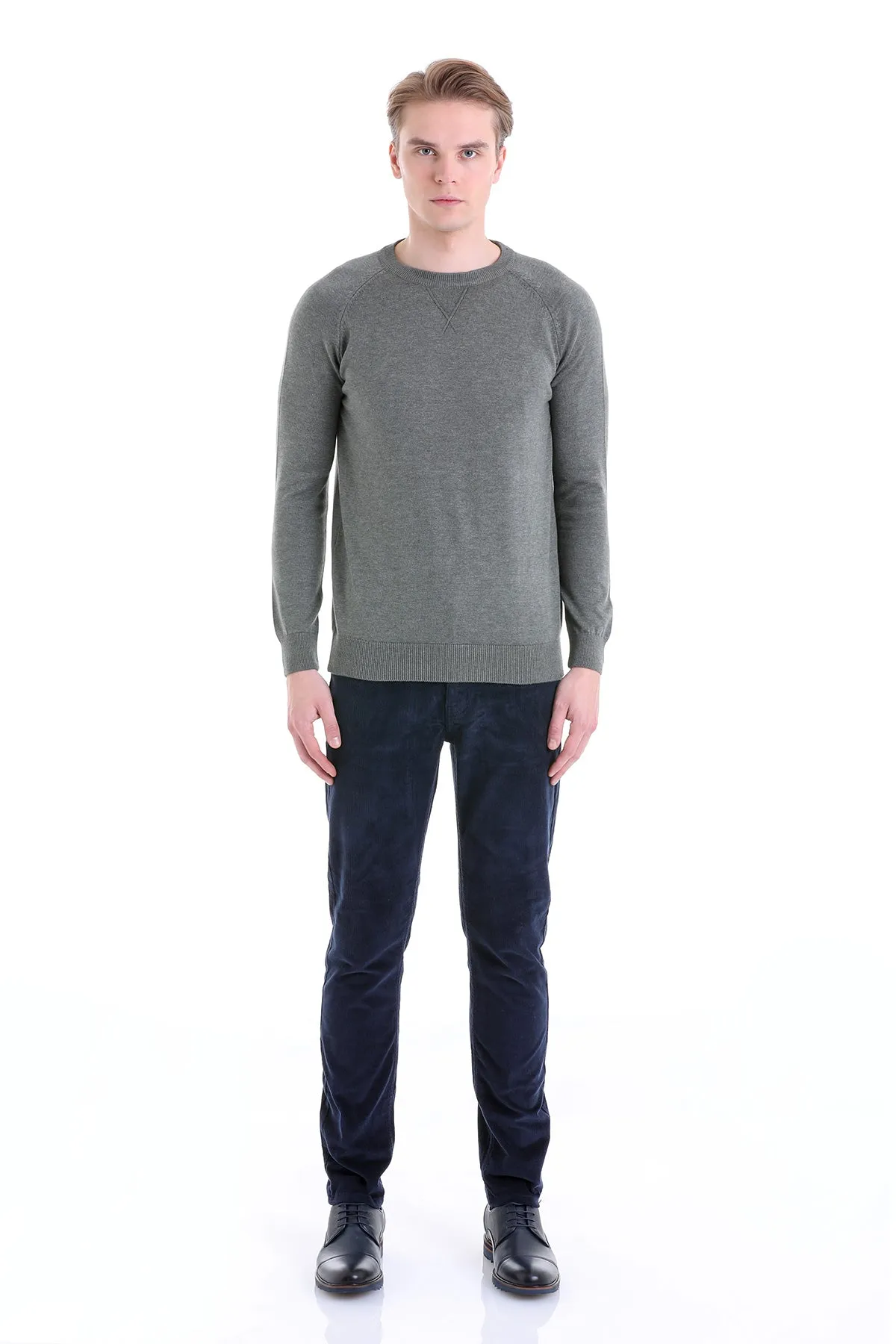 Slim Fit Light Khaki Cotton Blend Crewneck Sweater