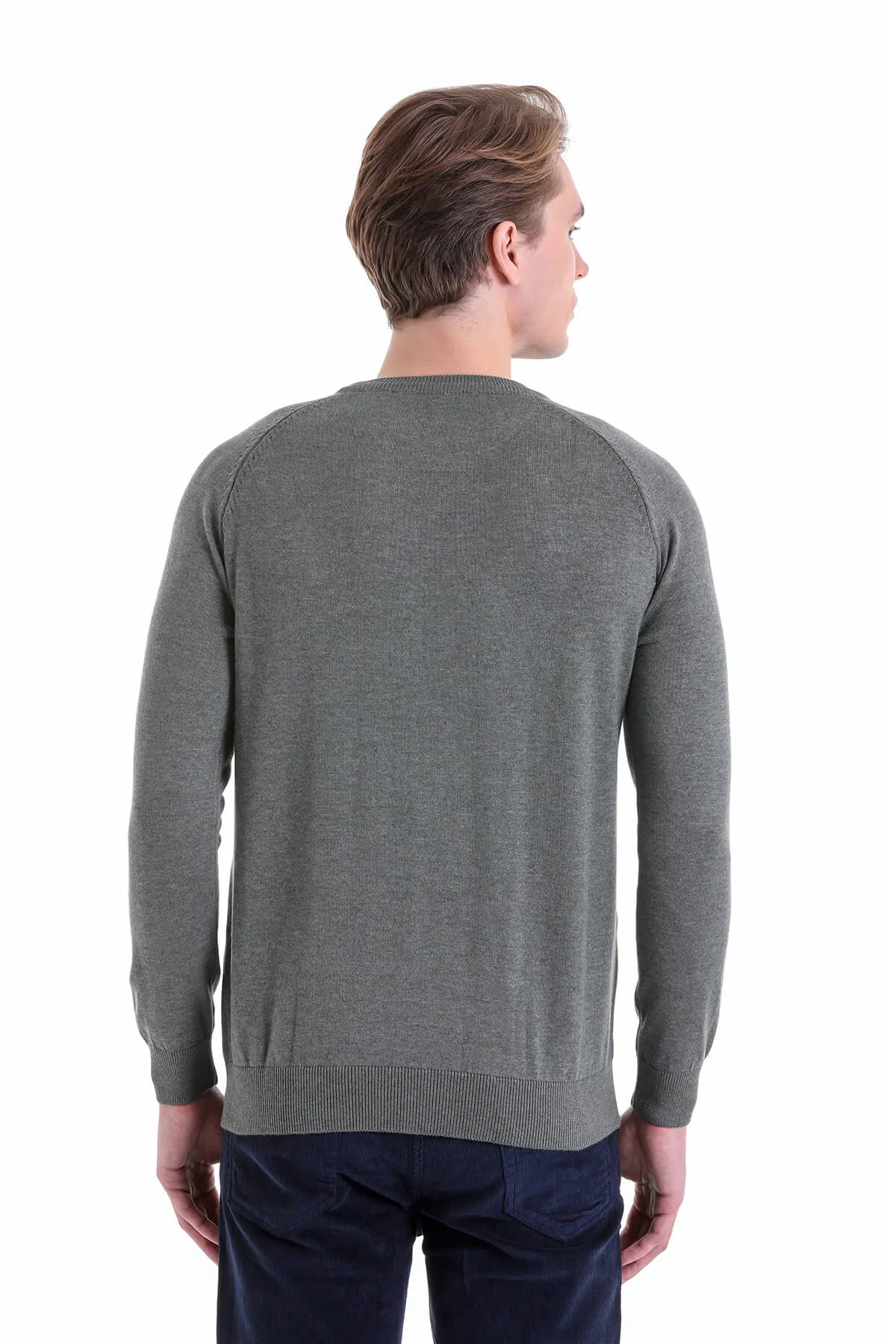 Slim Fit Light Khaki Cotton Blend Crewneck Sweater