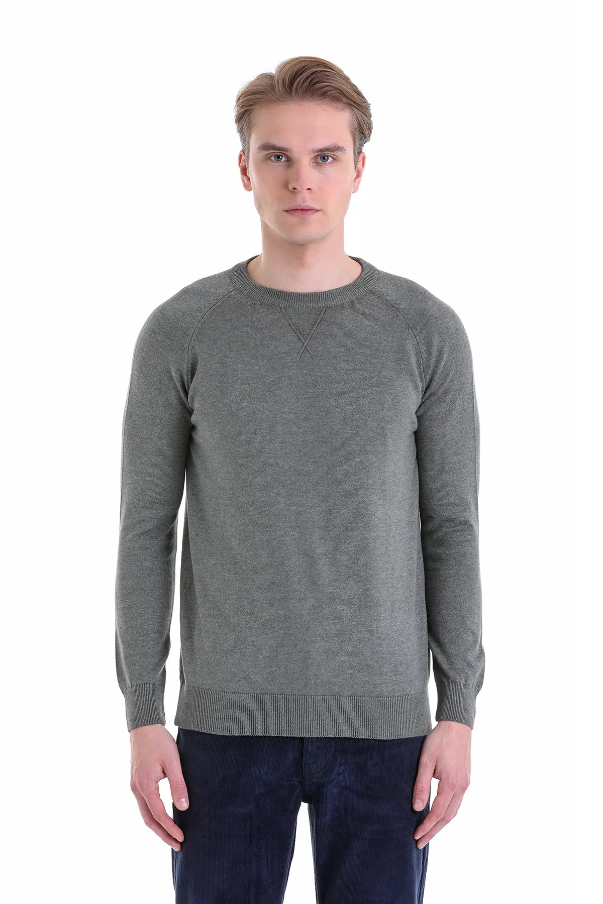 Slim Fit Light Khaki Cotton Blend Crewneck Sweater