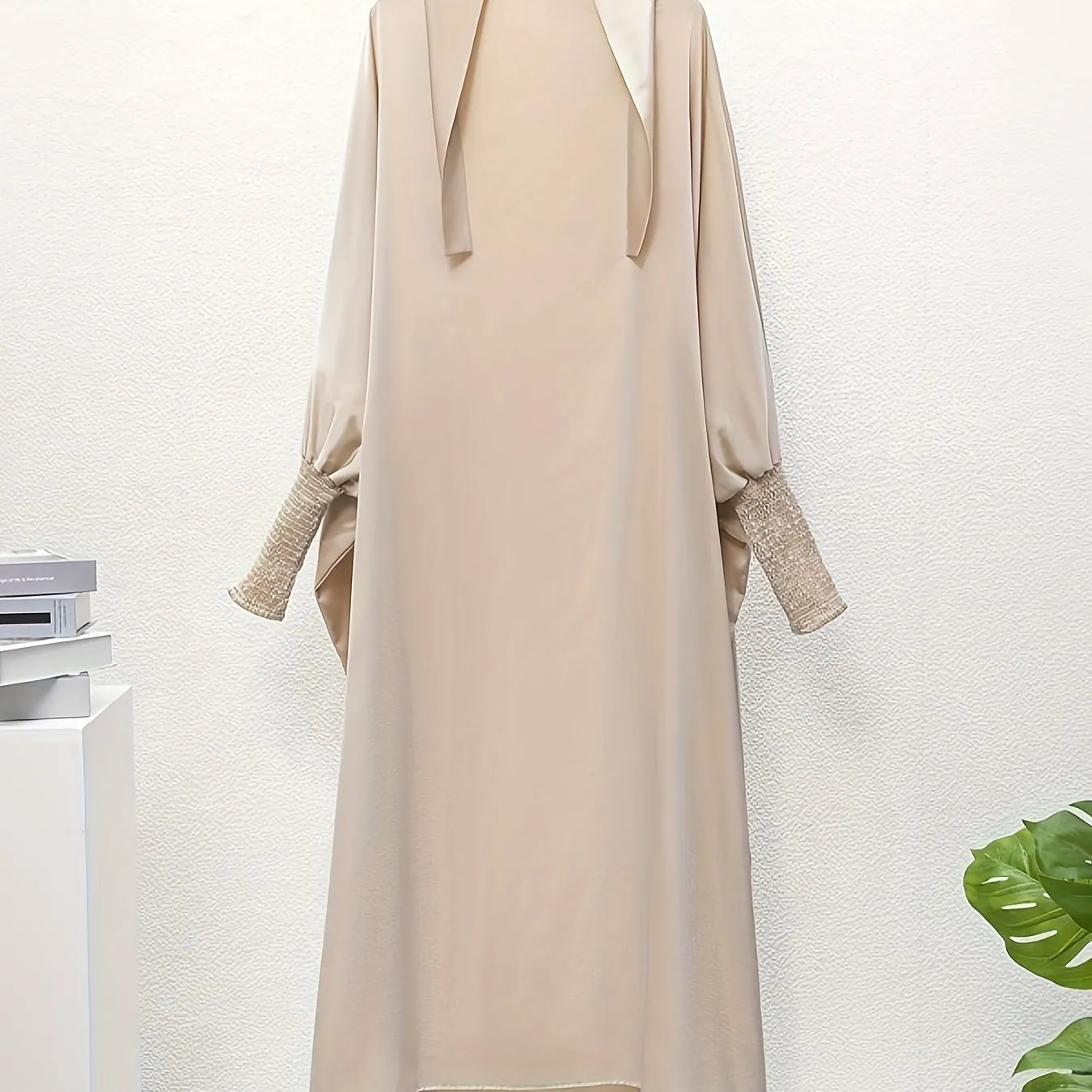 Solid Color Crew Neck Kaftan Dress, Modest Batwing Sleeve Maxi Dress, Women's Clothing