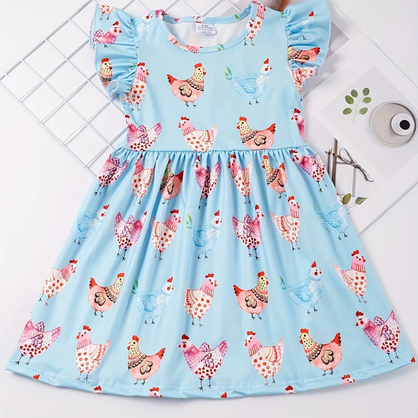 Stretchy Adorable Girls Cartoon Dress with Flouncy Ruffle Sleeves - Perfect for Summer Parties and Gift-Giving