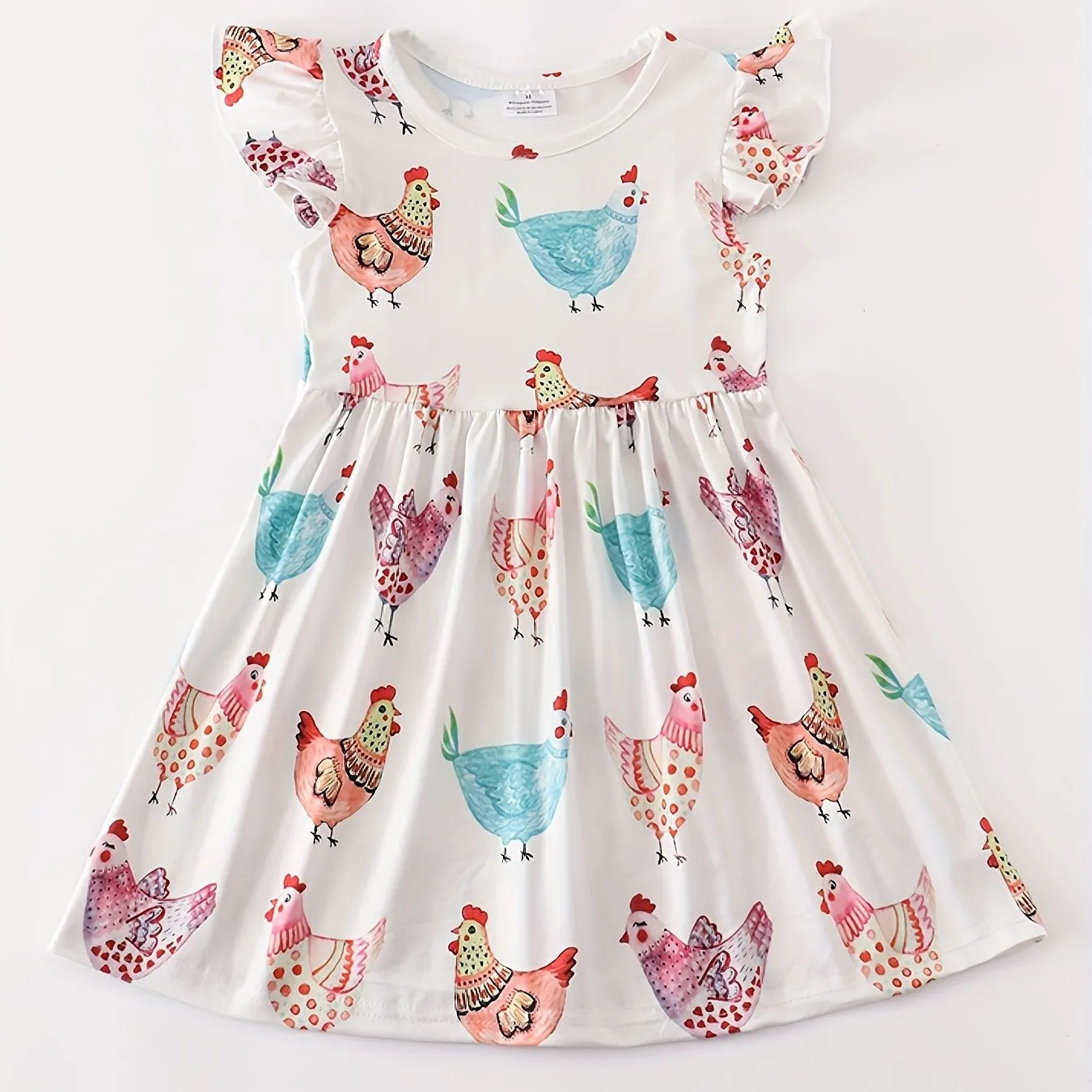 Stretchy Adorable Girls Cartoon Dress with Flouncy Ruffle Sleeves - Perfect for Summer Parties and Gift-Giving