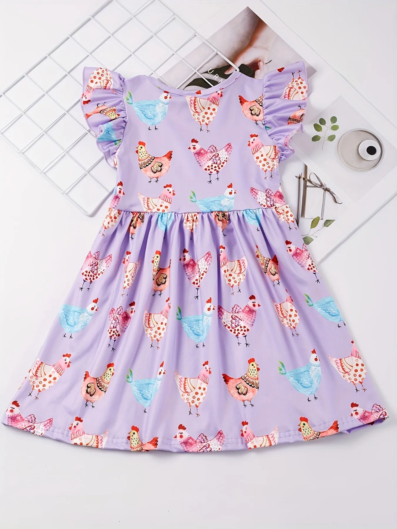 Stretchy Adorable Girls Cartoon Dress with Flouncy Ruffle Sleeves - Perfect for Summer Parties and Gift-Giving