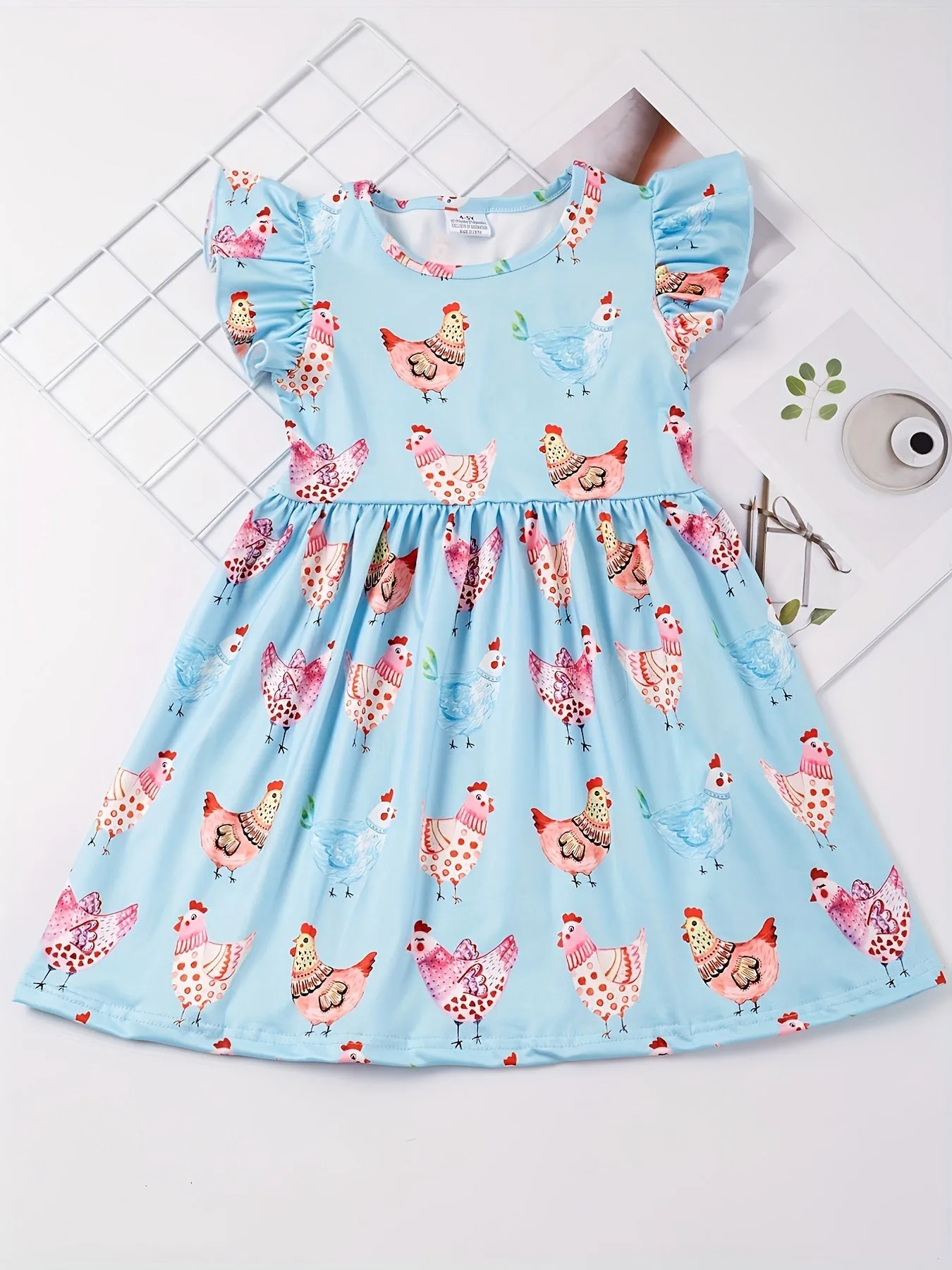 Stretchy Adorable Girls Cartoon Dress with Flouncy Ruffle Sleeves - Perfect for Summer Parties and Gift-Giving