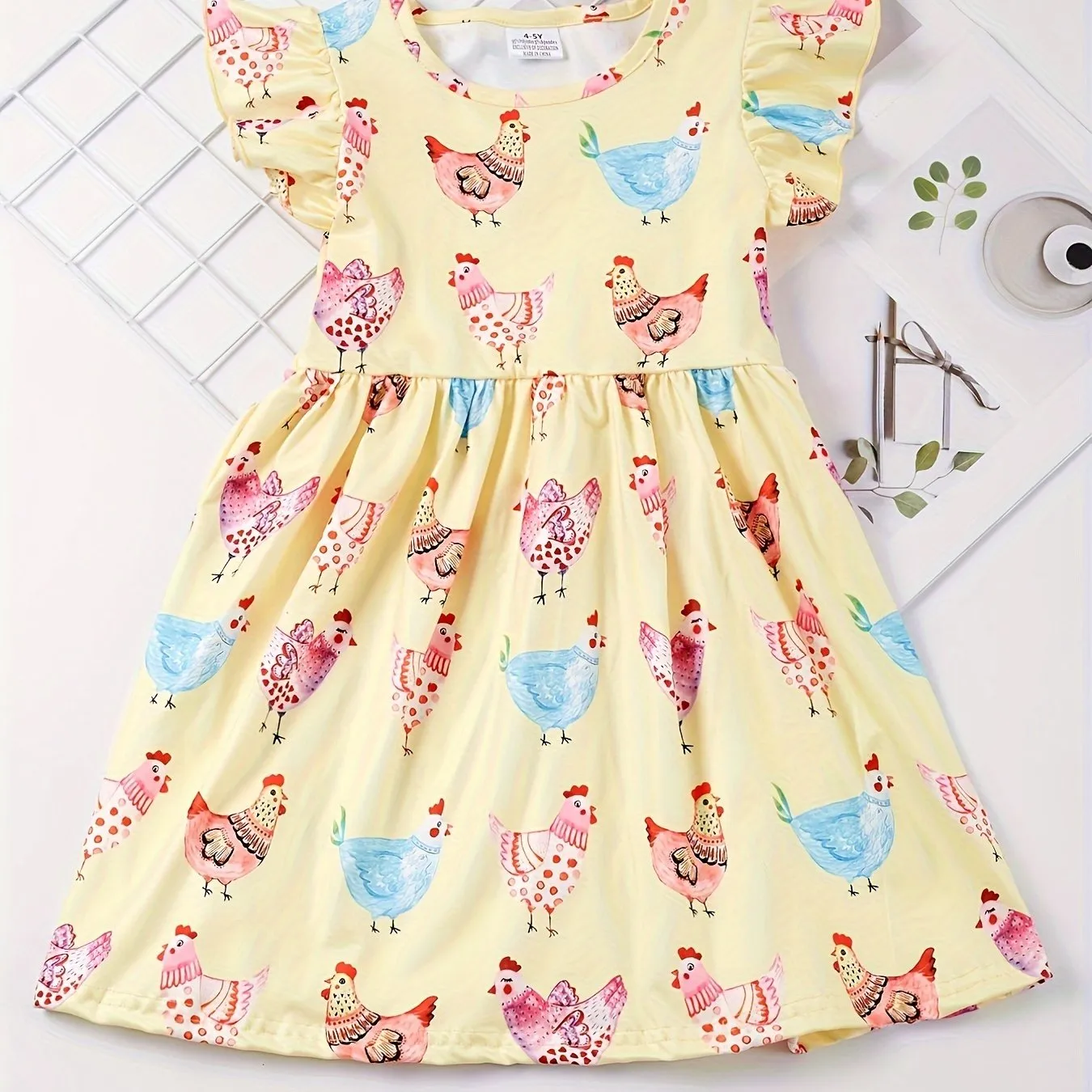 Stretchy Adorable Girls Cartoon Dress with Flouncy Ruffle Sleeves - Perfect for Summer Parties and Gift-Giving