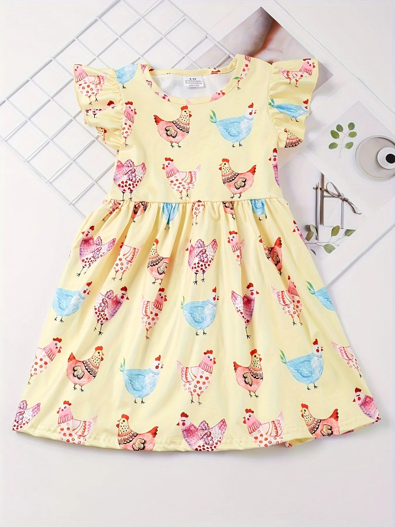 Stretchy Adorable Girls Cartoon Dress with Flouncy Ruffle Sleeves - Perfect for Summer Parties and Gift-Giving