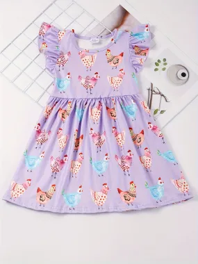 Stretchy Adorable Girls Cartoon Dress with Flouncy Ruffle Sleeves - Perfect for Summer Parties and Gift-Giving