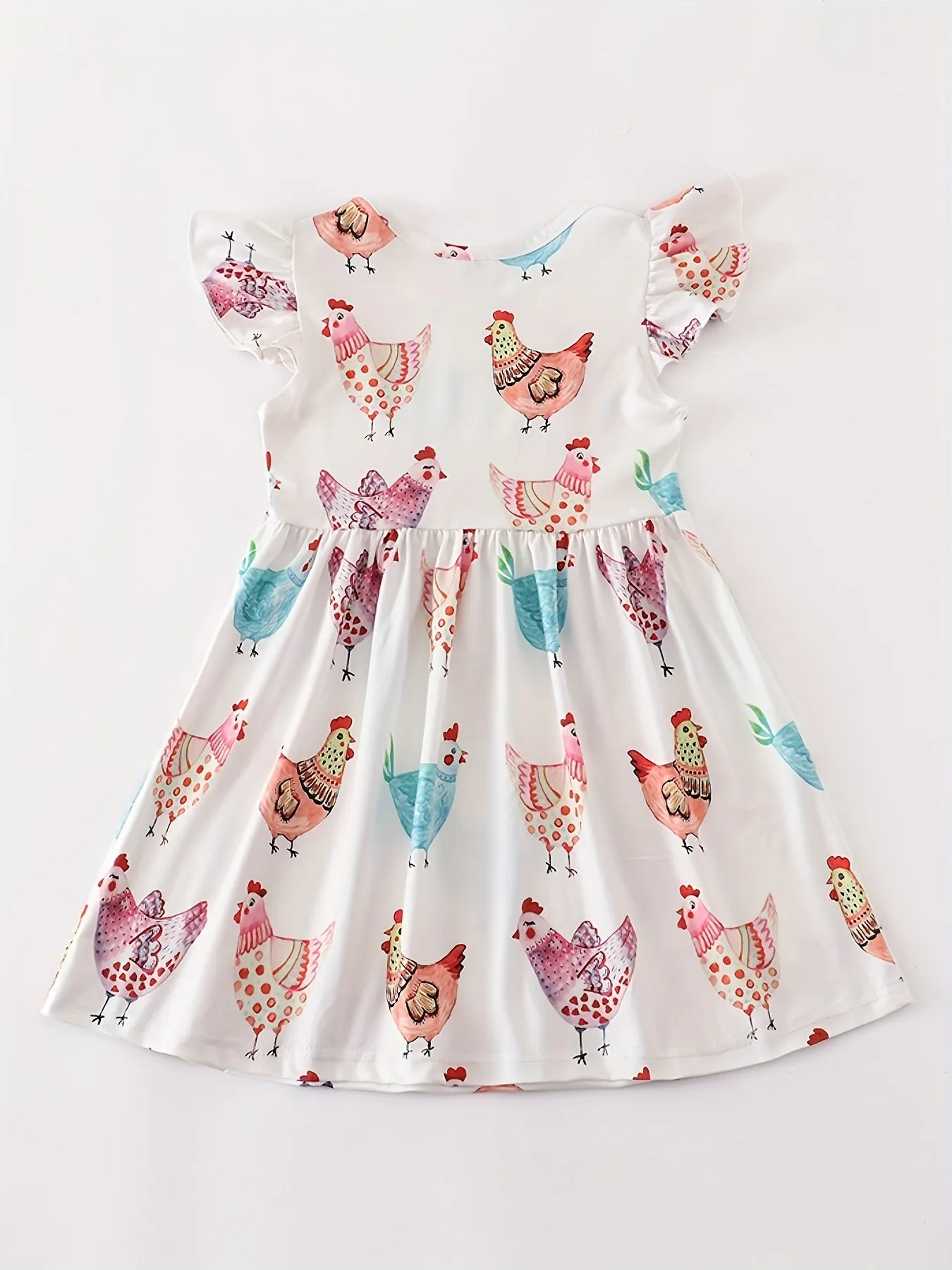 Stretchy Adorable Girls Cartoon Dress with Flouncy Ruffle Sleeves - Perfect for Summer Parties and Gift-Giving