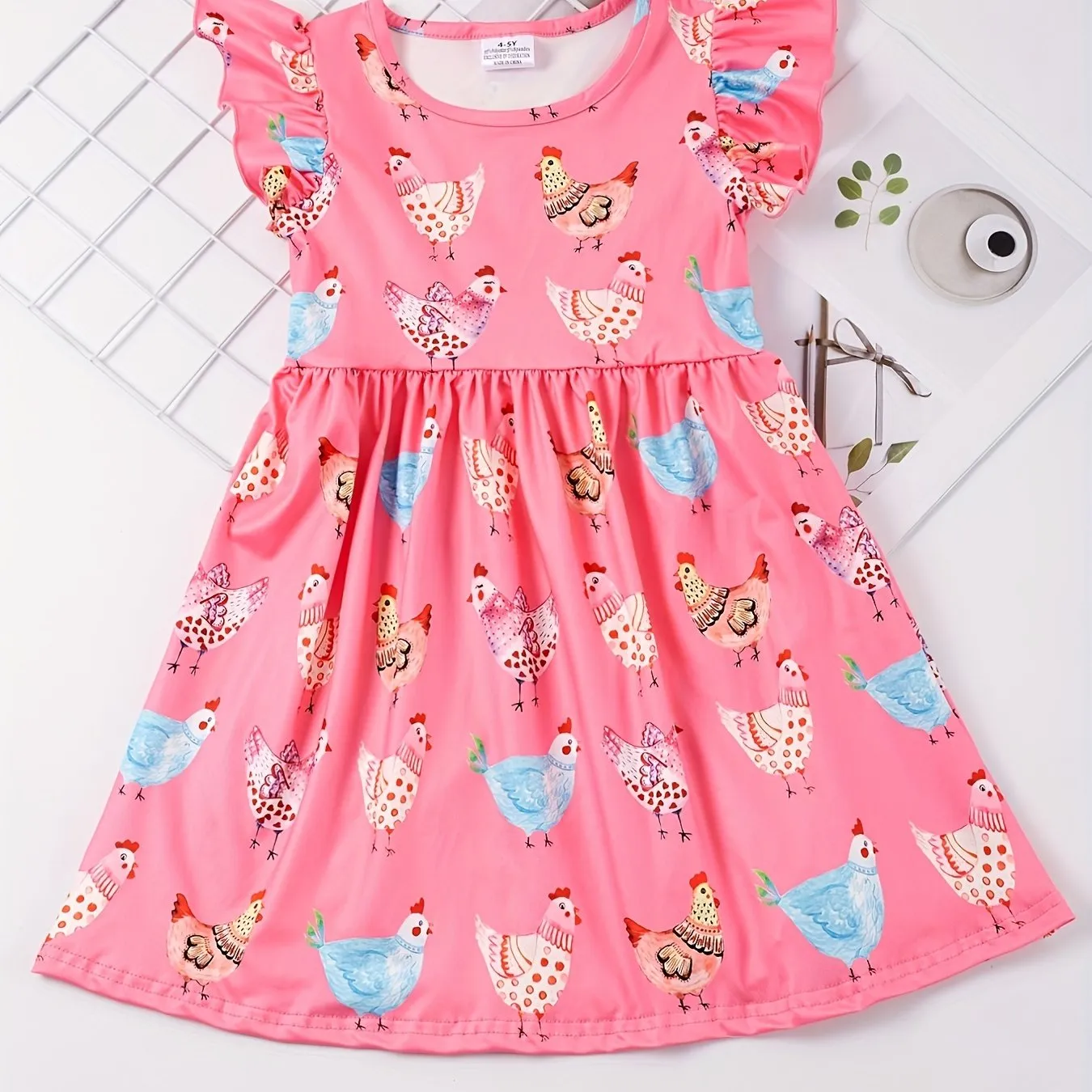 Stretchy Adorable Girls Cartoon Dress with Flouncy Ruffle Sleeves - Perfect for Summer Parties and Gift-Giving