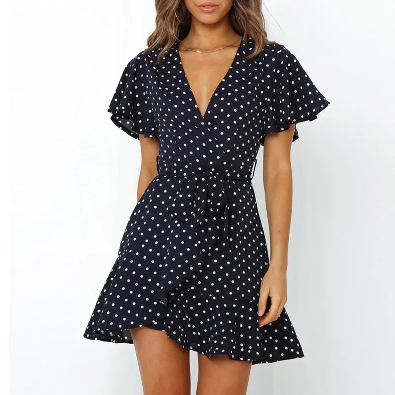 Summer Boho Print Women Sexy V Neck Holiday Beach A Line Short Sleeve Ruffles Bandage Mini Dress